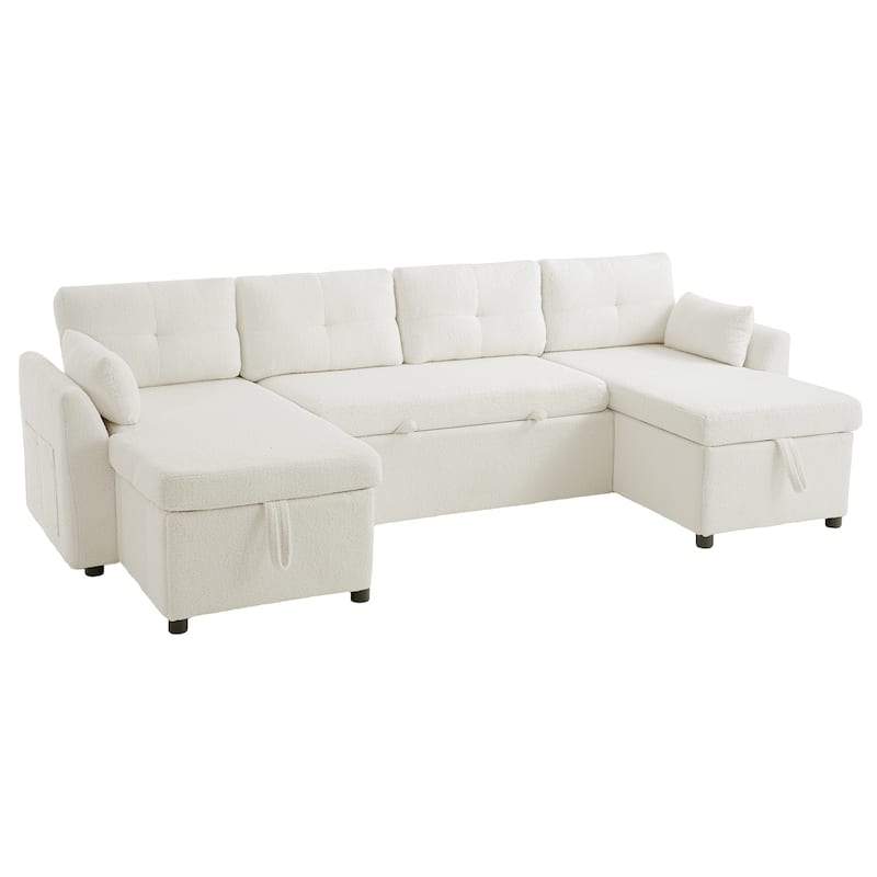 Teddy Fabric Sectional Sofa Convertible Sleeper Sofa Modern U-Shaped Couch Dual Storage Chaise Lounge with Pockets and USB Ports