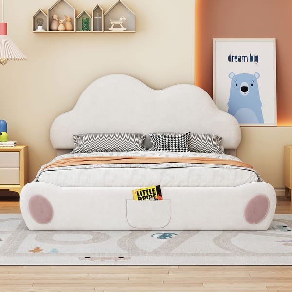 slide 2 of 26, Upholstered Platform Bed Low-Profile Queen Size Bed Frame with Cloud-shaped Headboard and Cartoon Footboard, Velvet Fabric Beige - Queen