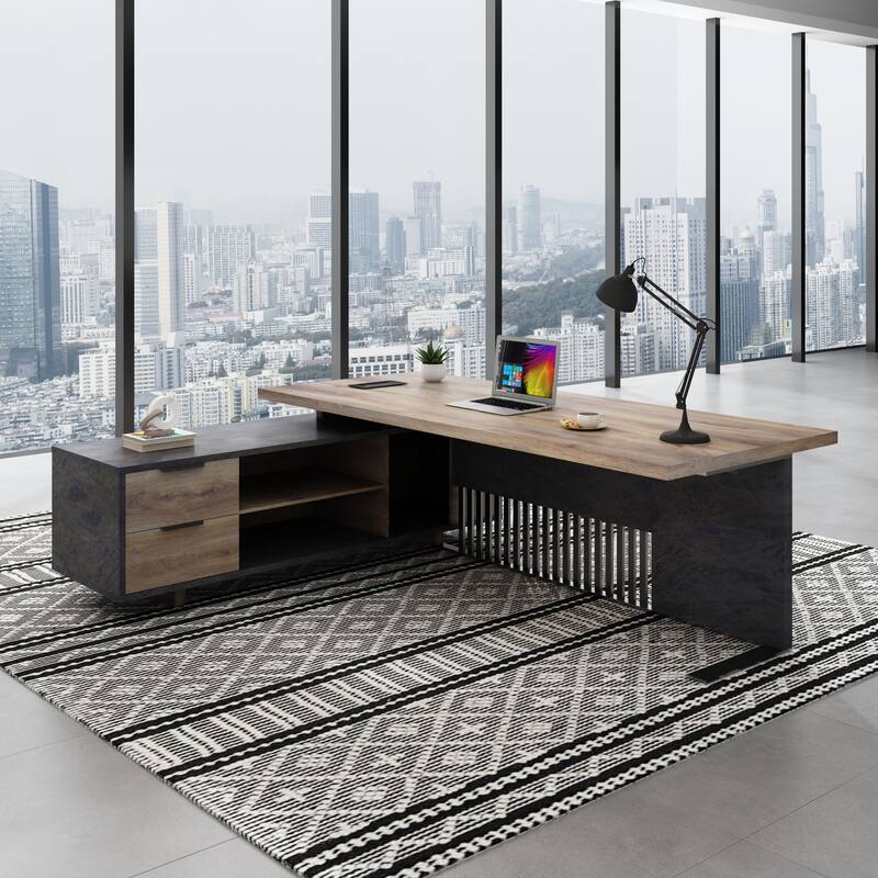 WESOME Large L-Shaped Executive Desk with Drawers Cabinet Cable Management