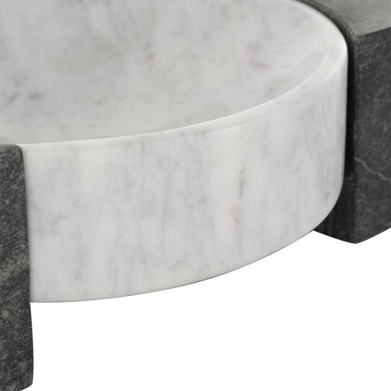 Marble Geometric Round Tray with Black Rectangular Blocks - White - Roche River Decor