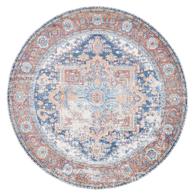 SAFAVIEH Aria Vasya Vintage Oriental Medallion Rug - 6'7" Round - Navy/Rust