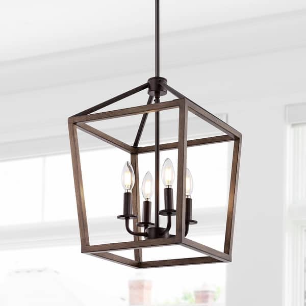 slide 1 of 40, Oria Iron Farmhouse Industrial Lantern LED Pendant, Oil Rubbed Bronze/Faux Wood by JONATHAN Y 13"