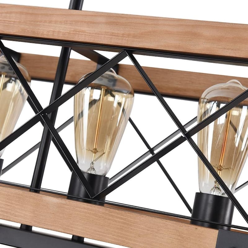 5-Light Farmhouse Rectangle Wood Cage Chandelier - Black & Wood