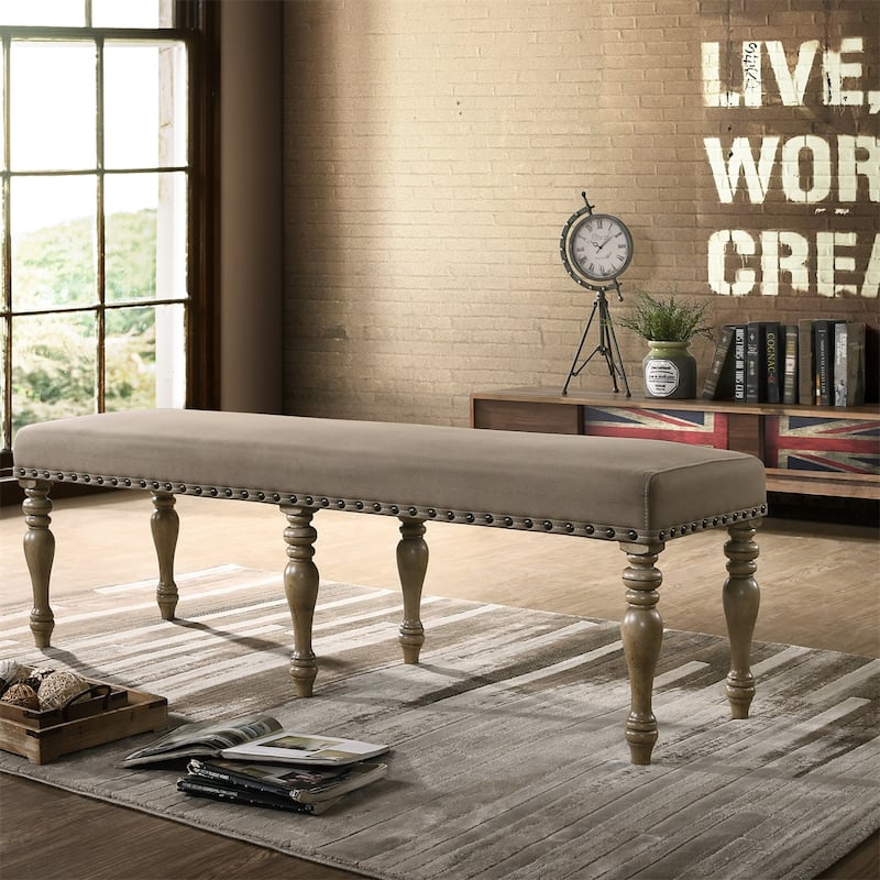 Microfiber Upholstered Bench with Nail Head Trim in Driftwood Finish