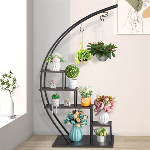 Half-moom Shape Metal Plant Stand, Flower Pot Hanger W/ MDF Shelf