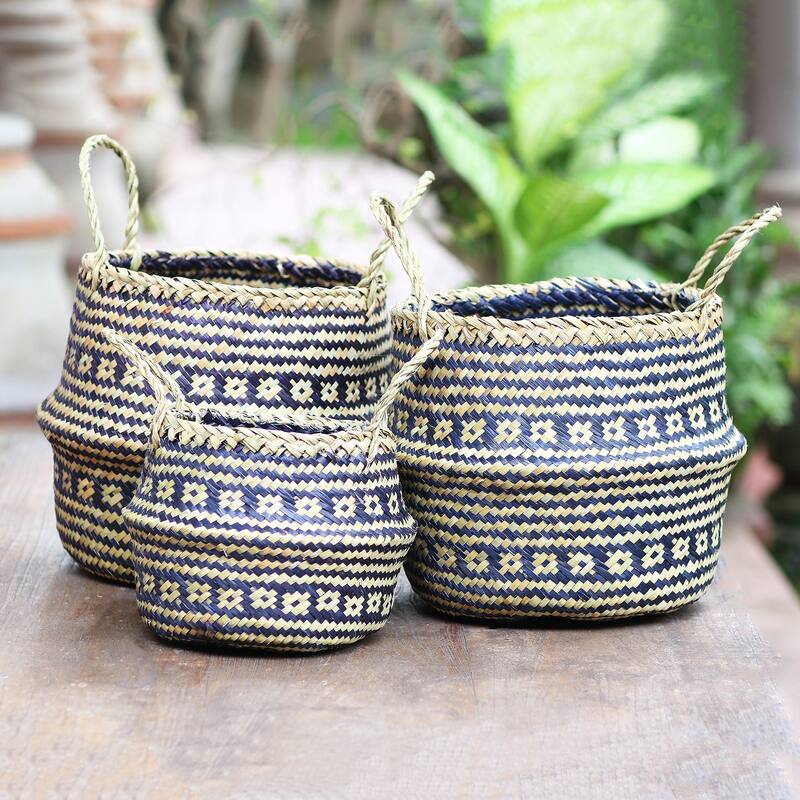 Novica Handmade Bali Weave In Black Natural Fiber Baskets (Set Of 3)