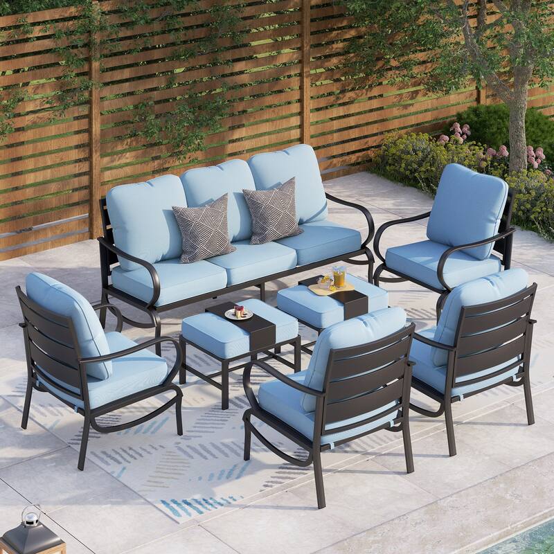 MAISON ARTS 9-Seat Patio Conversation Set, Sofa Set 7-Piece with 4 x Single Sofa Chairs, 1 x 3-seater Sofa and 2 x Ottomans - Set 1 - Baby Blue