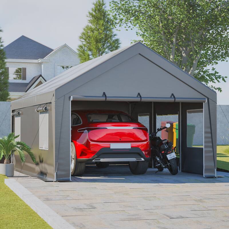 GDFStudio - Penman Heavy Duty Canopy Garage with Removable Sidewalls and Roll-up Ventilated Windows & Door - 13x20 FT - Grey