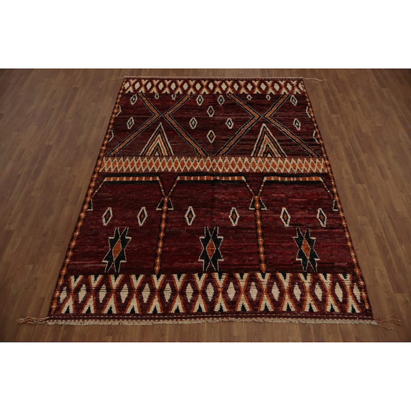 Hand Knotted Oriental 100% Wool Carpet Modern Tribal Red Moroccan Area Rug - 9' 8'' X 6' 10''