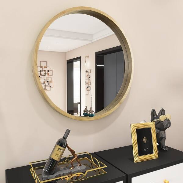 slide 1 of 25, 30 in. Round Framed Wall Mounted Bathroom Vanity Mirror Natural