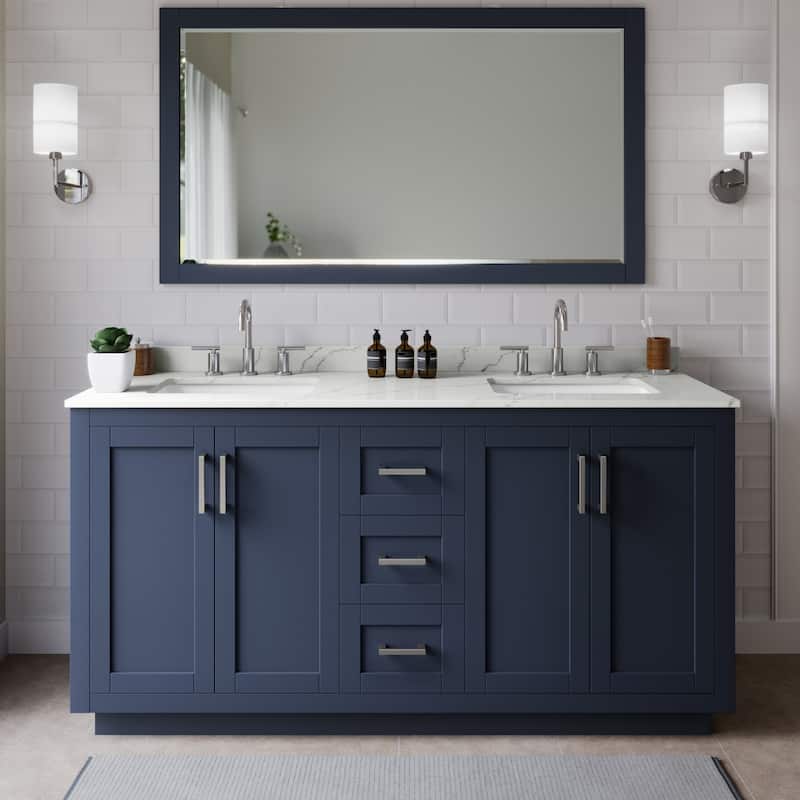 Wyndham Collection WCF292966D-QTZ-US3M58 Miranda 66" Free Standing - Dark Blue / Giotto Quartz Top / Brushed Nickel