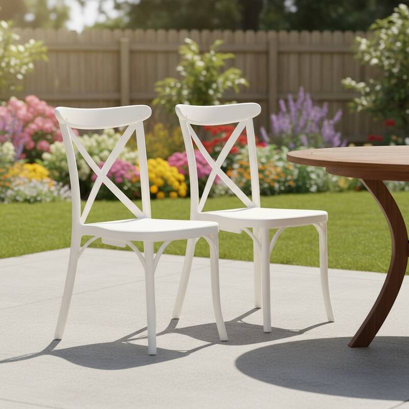 HomeRoots Set of Two White Heavy Duty Plastic Outdoor Stacking Dining Chairs