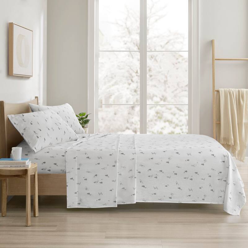 Madison Park Cozy Cotton Flannel Printed Sheet Set - Full - Gray Skiers