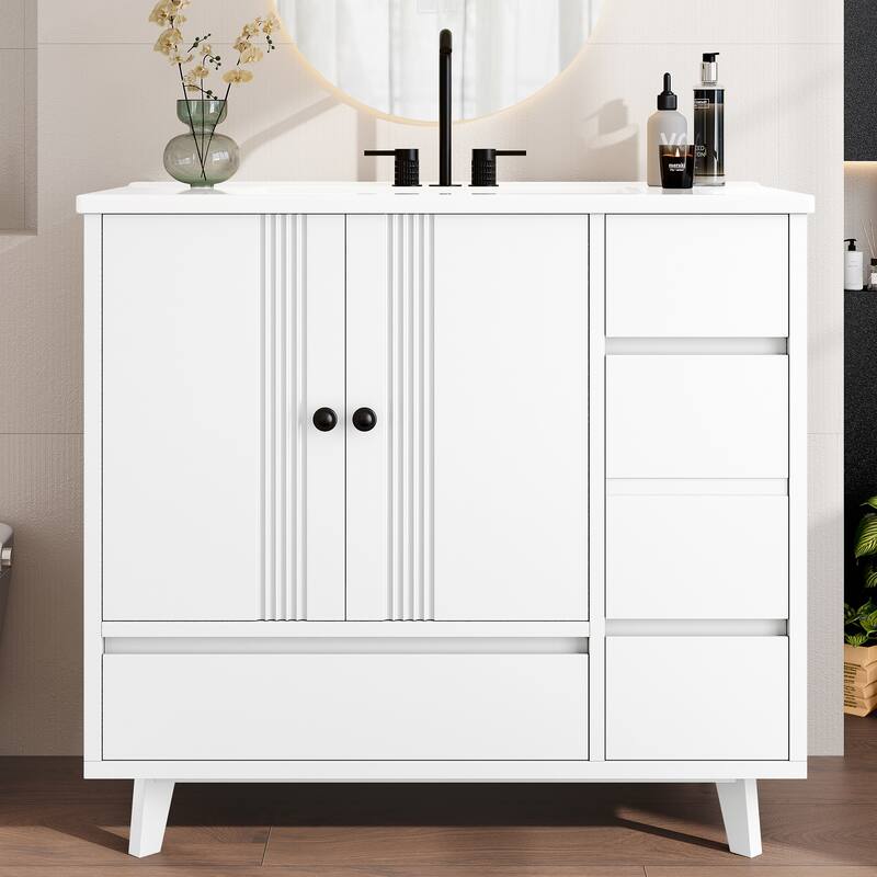 Roomfitters 36 Inch Bathroom Vanity with Sink, Solid Wood Cabinet with Side Rack and Drawers