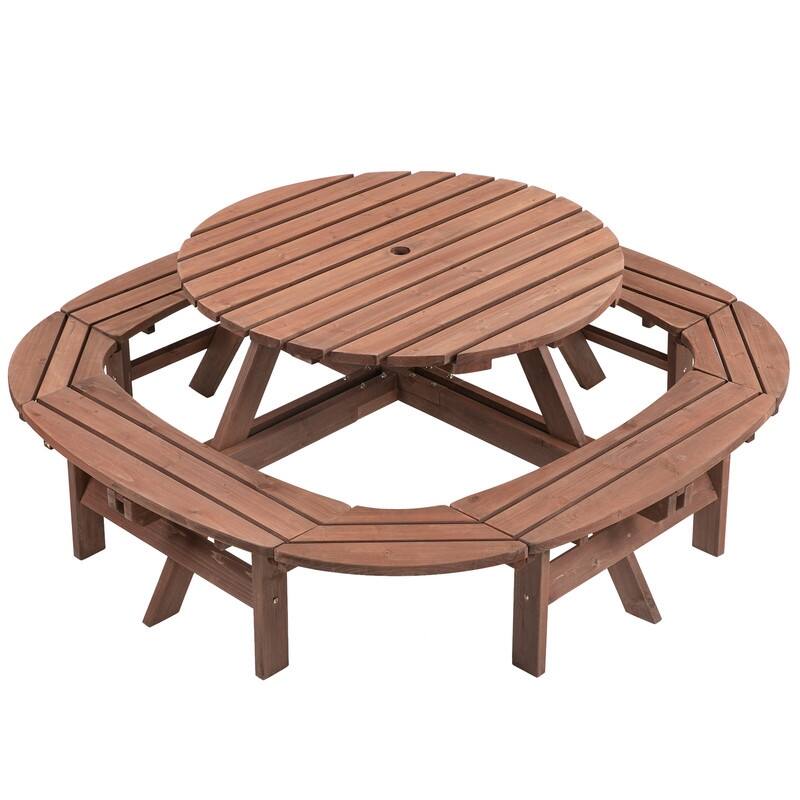 Large Round Wooden Outdoor Dining Table With Built-In Circular Bench – Seats 10-12 People, 500lb Capacity, Walnut Brown Finish.