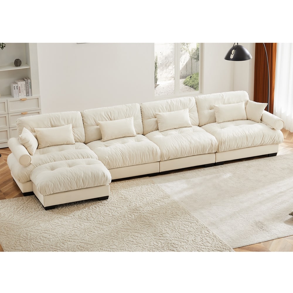 L-Shaped 4 Seater Sectional Sofa with 1 Movable Ottomans & Pillows