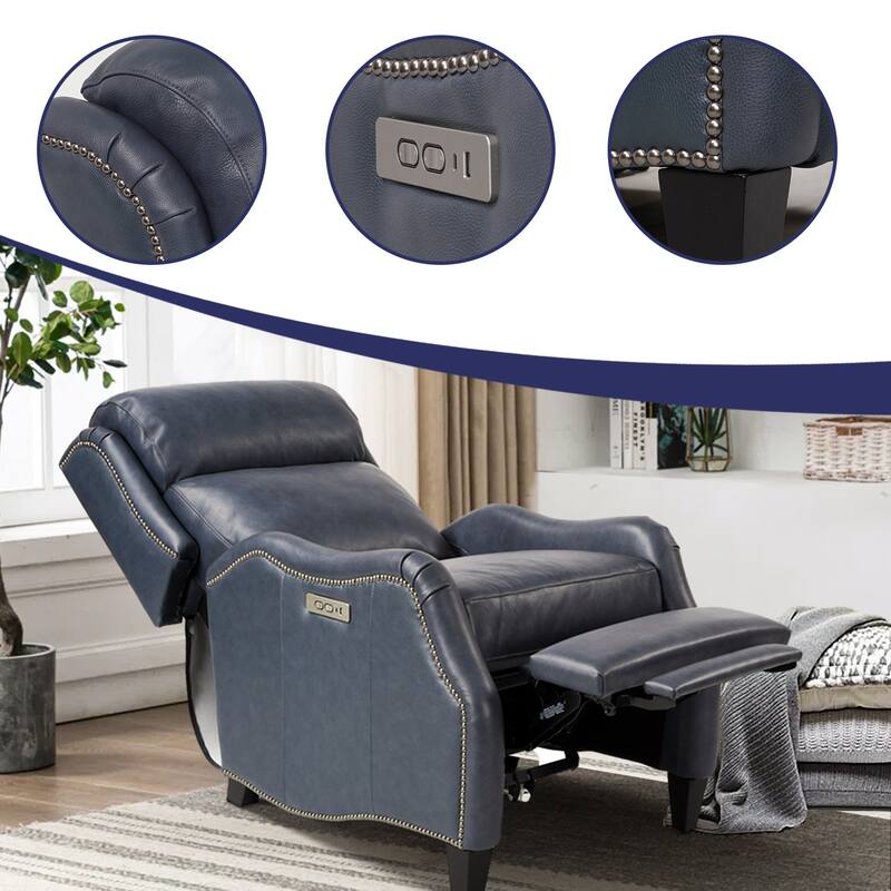 Genuine Leather Nailhead Trim Recliner Dual Power Home Theatre Power Recliner Chair with USB Port