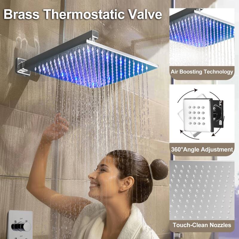 Luxury Thermostatic Shower System 3-Spray Patterns 12" Wall Mount Rain Dual Shower Heads with LED and 6 Body Jets in Chrome