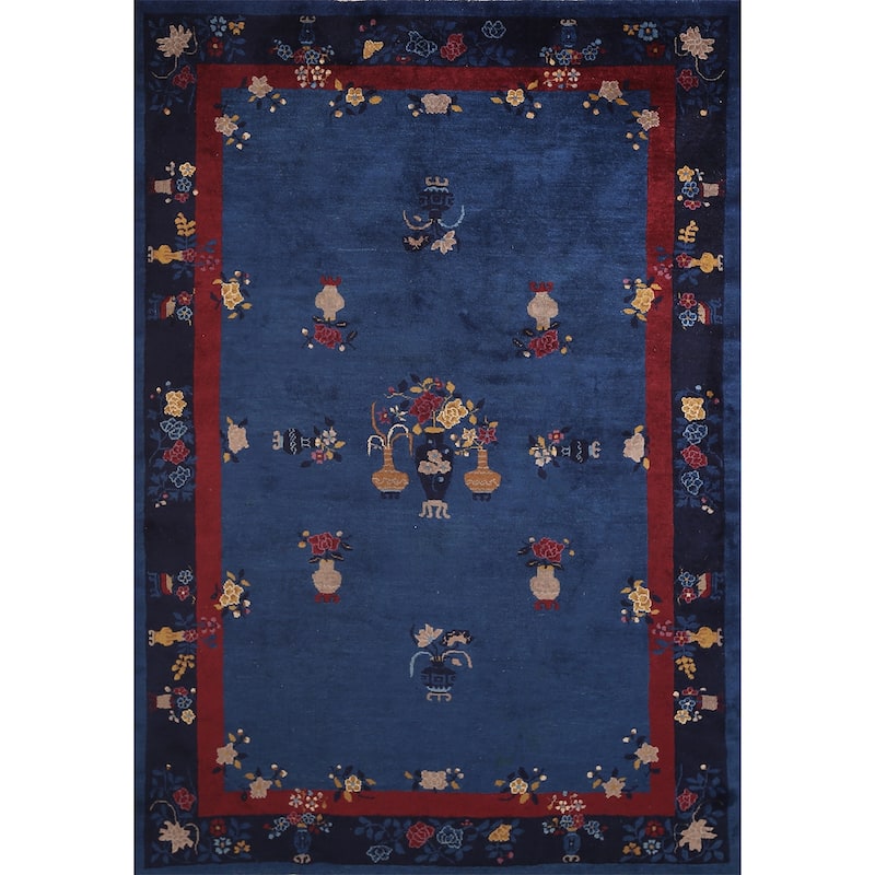 Vegetable Dye Blue Art Deco Chinese Antique Rug Handmade Wool Carpet - 6'1"x 8'10"