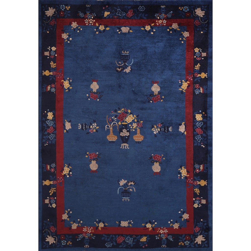 Vegetable Dye Blue Art Deco Chinese Antique Rug Handmade Wool Carpet - 6'1"x 8'10"