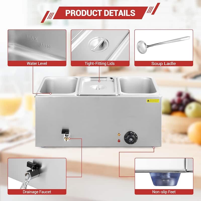 21 QT Electric 3-Pan Commercial Food Warmer Buffet, Countertop Steam Table - N/A