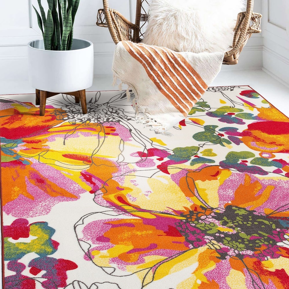 World Rug Gallery Modern Bright Flowers Non-Slip Area Rug Multi
