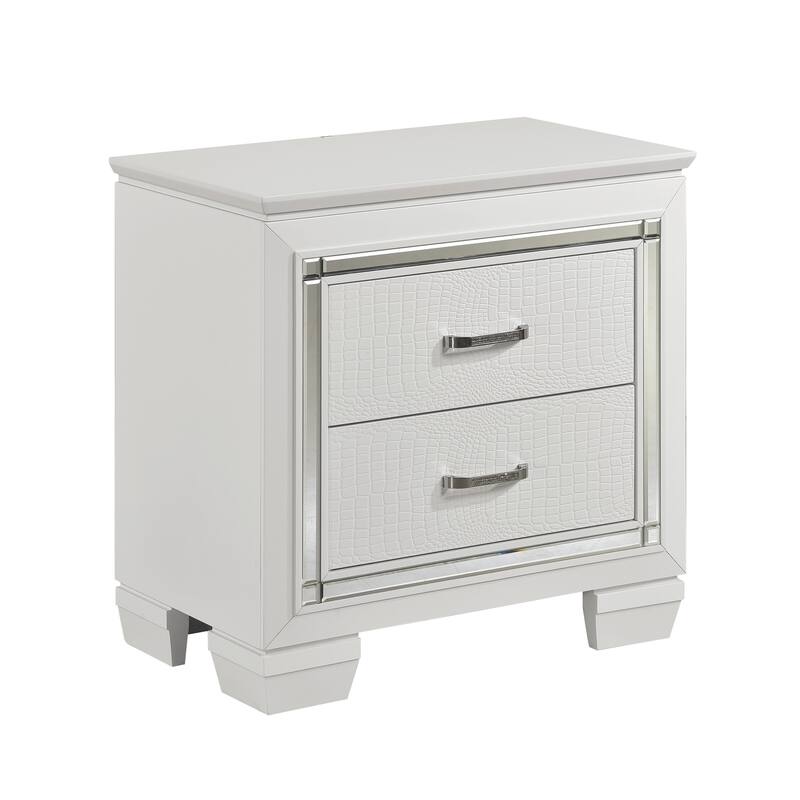 Glamorous White Nightstand, 2 Drawers, Faux Alligator Embossed Textured Front