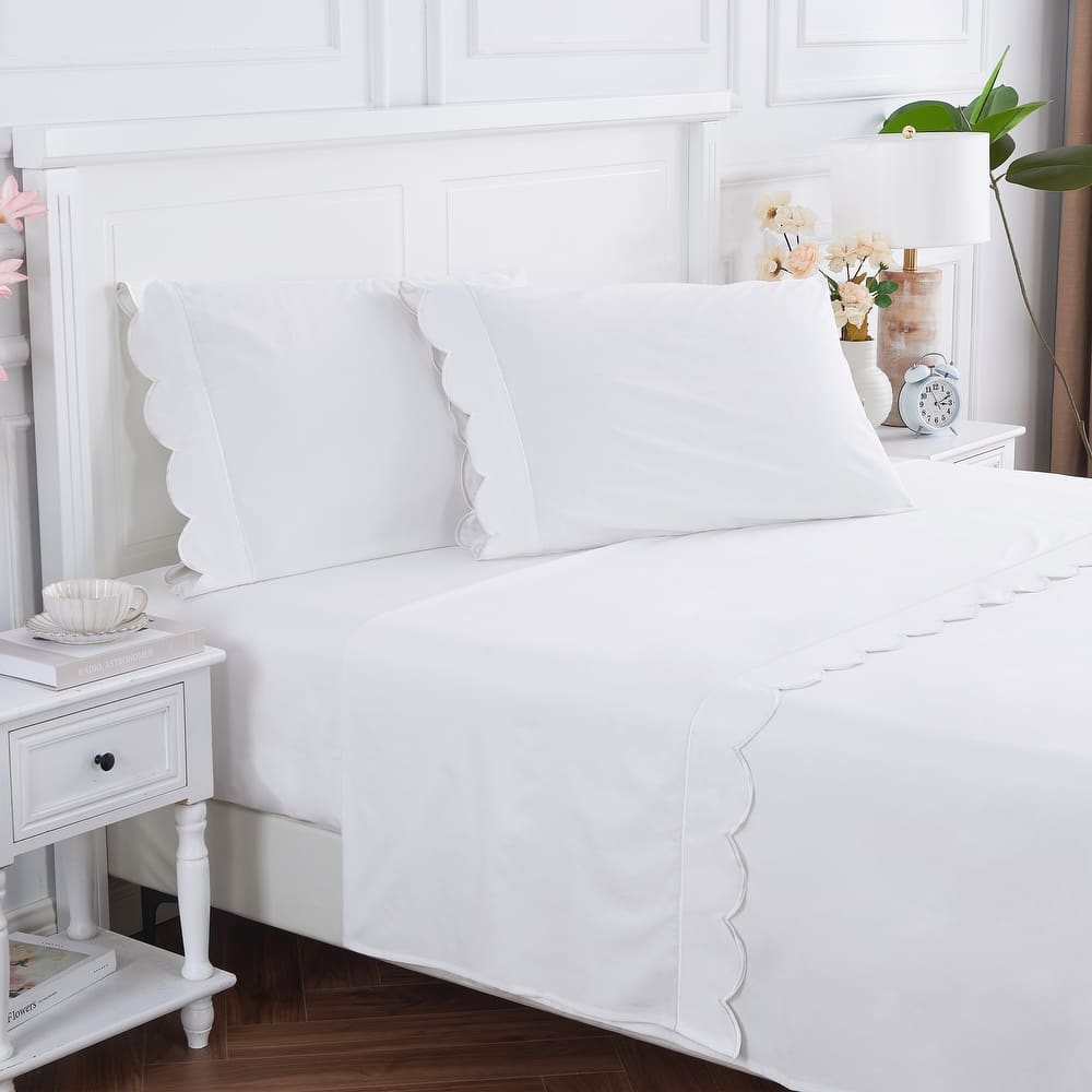 Percale Cotton Scalloped Embroidered Crisp Sheet Set