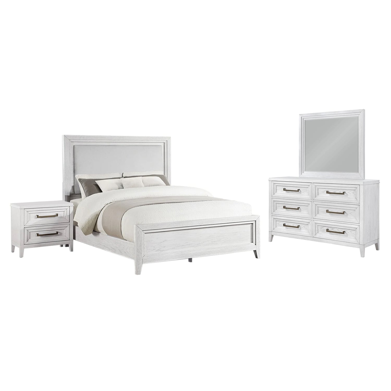Upholstered California King Bedroom Set with Led Lighting in Distressed White