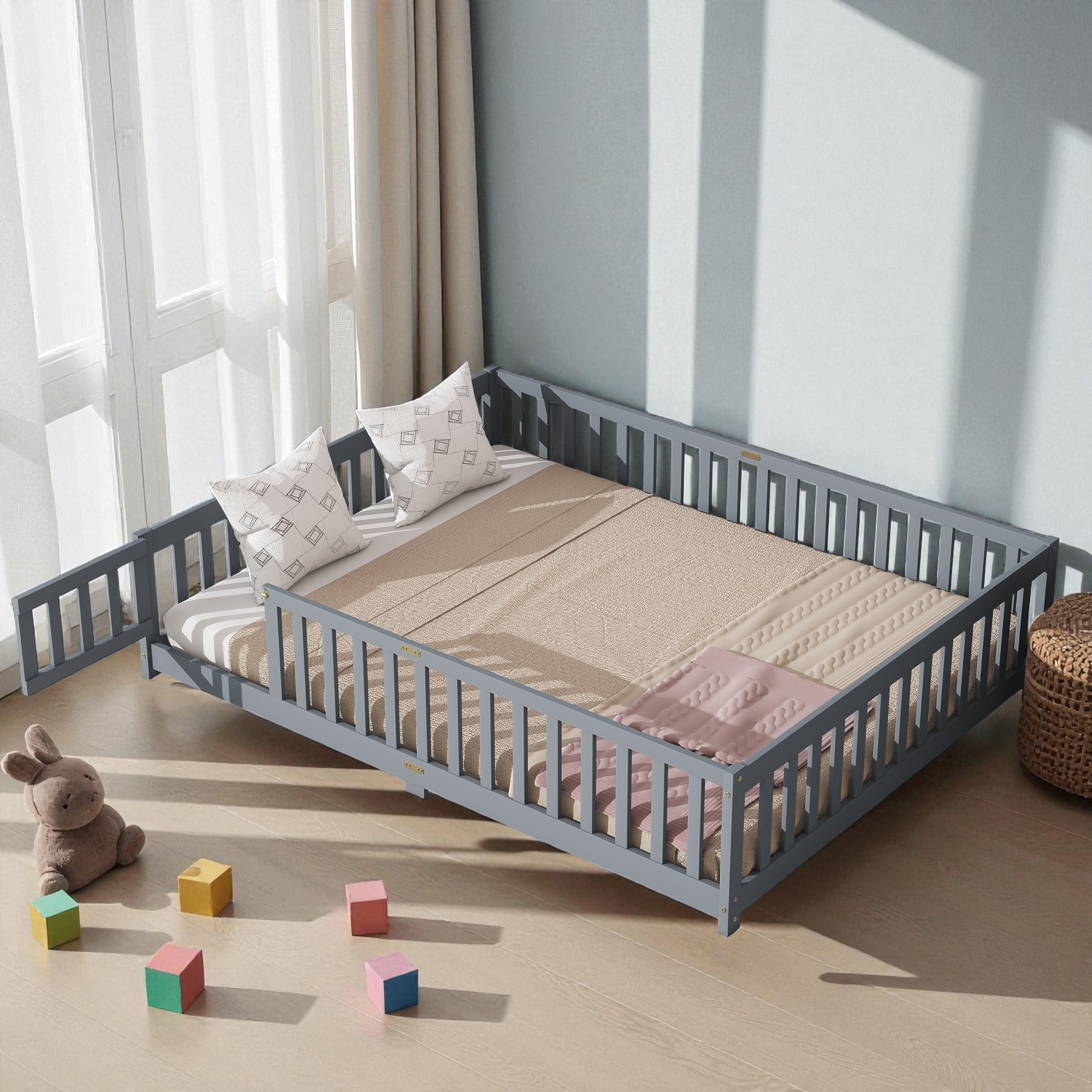 Queen Size Rubber Wood Floor Bed with Fence and Door, Montessori Platform Bed with Safety Guardrails for Kids