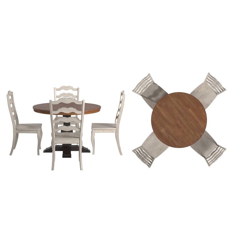 Ronda 45" Round Solid Wood Top Dining Set with French Ladder Back Chairs