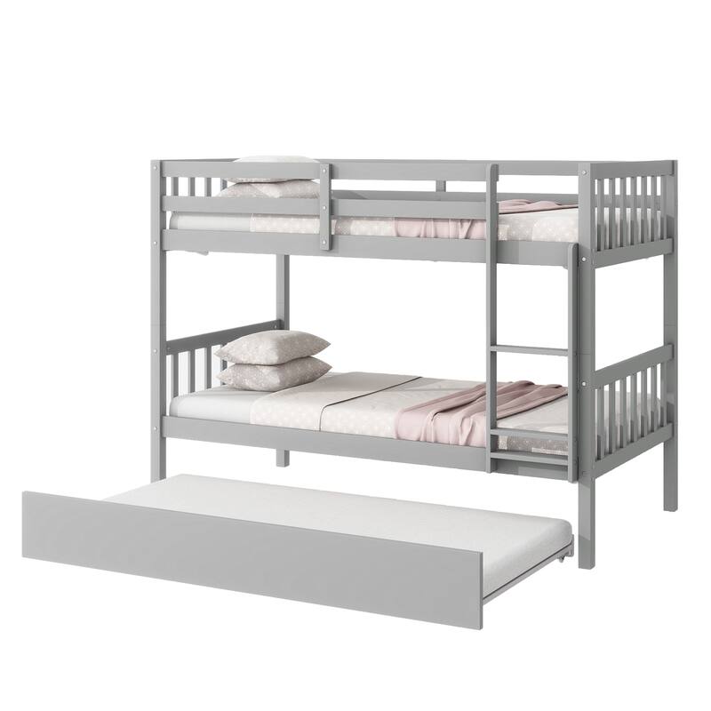 Roomfitters Twin Over Twin Rubber Wood Bunk Bed with Trundle, Convertible to Two Twin Beds, Ladder and Guardrails