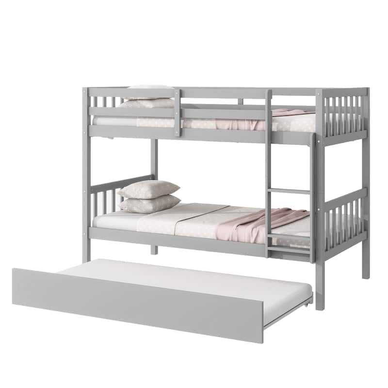 Twin Over Twin Rubberwood Bunk Bed with Pull-Out Trundle, Convertible into Two Separate Beds, Ladder and Safety Guardrails
