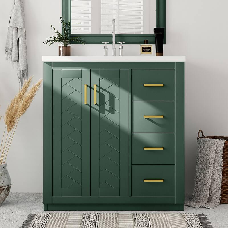 30'' Bathroom Vanity with Ceramic Sink Combo, Bathroom Storage Cabinet Vanity Set with 3 Drawers& Soft Closing Doors - Green