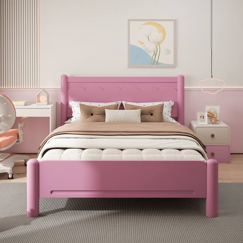 Queen Size Pink Wood Platform Bed with Headboard, Solid Wood Legs, 10-Slat Mattress Foundation, No Box Spring Needed