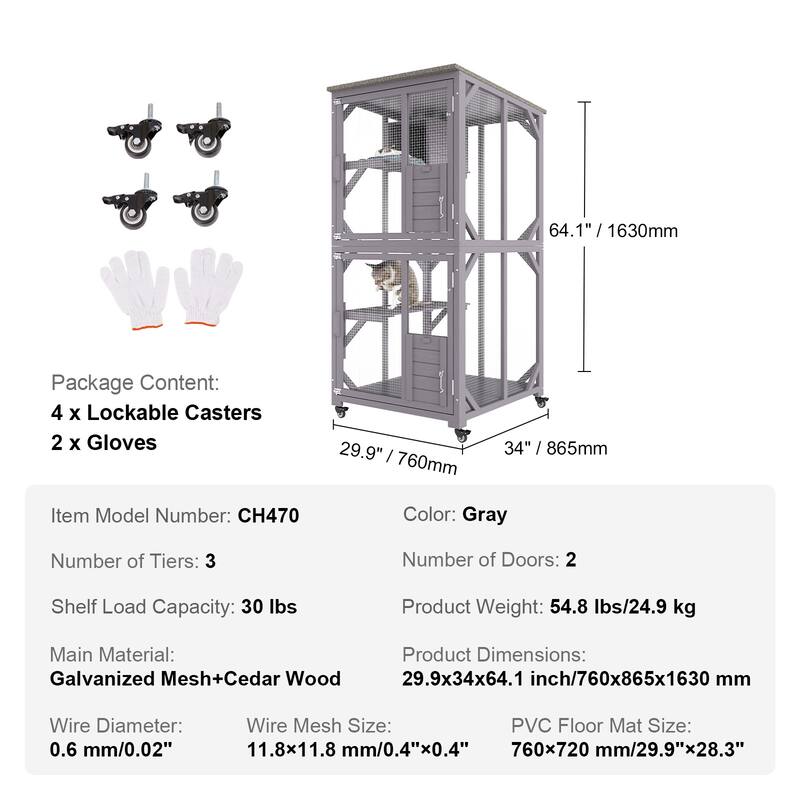 VEVOR Cat House Outdoor 3-Tier Large Catio on Wheels 64.1 in with A Resting Box