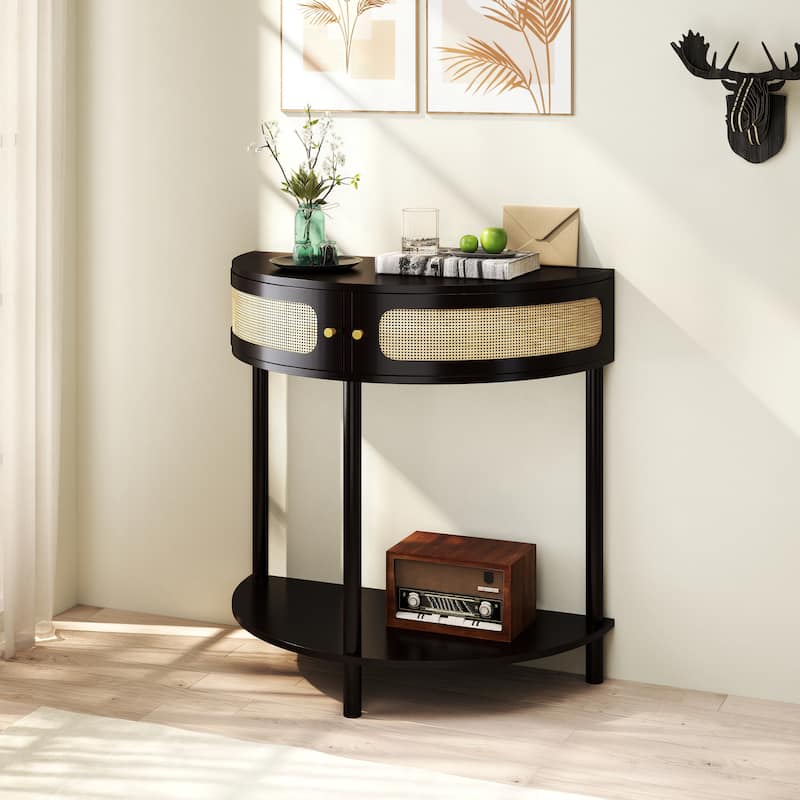 Boho Rattan Semi Circle End Table with Sliding Rattan Door,Elegant Entryway Console with Storage and Bottom Shelf