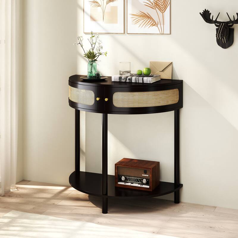 Half Moon End Table with Sliding Rattan Door, Boho Semi-circle Entryway Console Table with 2 Storage Cabinet and Bottom Shelf