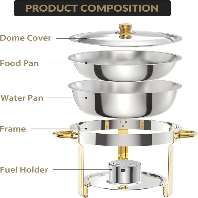 6 Pack 5QT Round Chafing Dishes Buffet Set with Lids - Includes Lid Holder Serving Spoon Tweezers