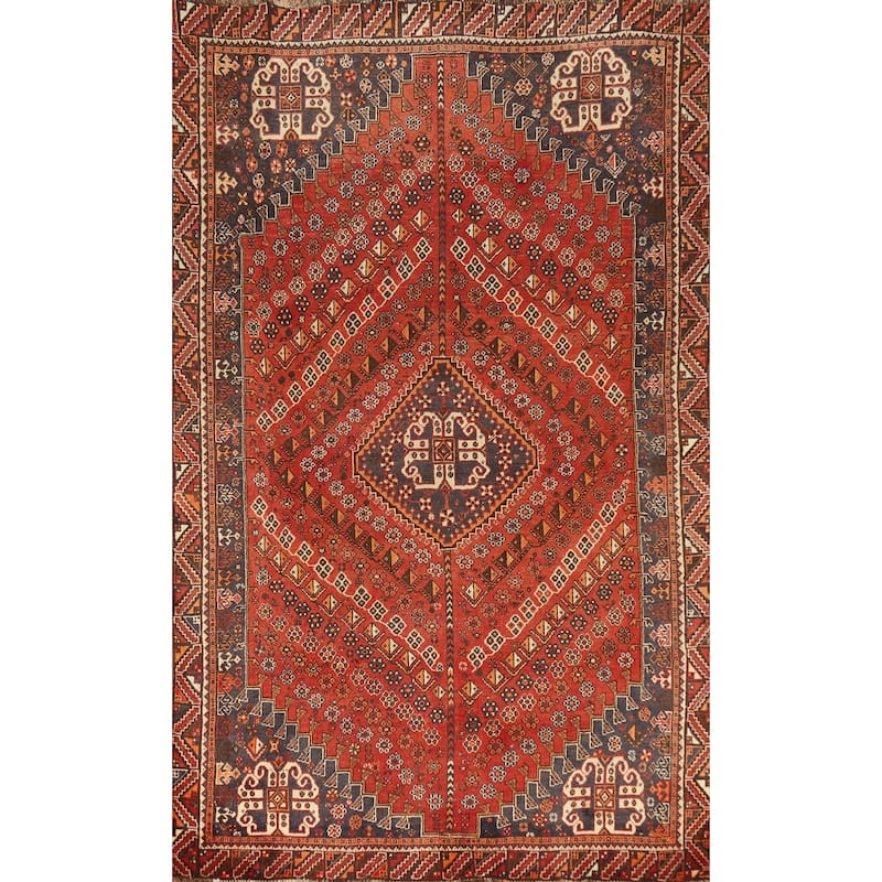 Hand Knotted Oriental 100% Wool Carpet Traditional Medallion Oranges & Rust Qashqai Area Rug - 8' 1'' X 5' 0''