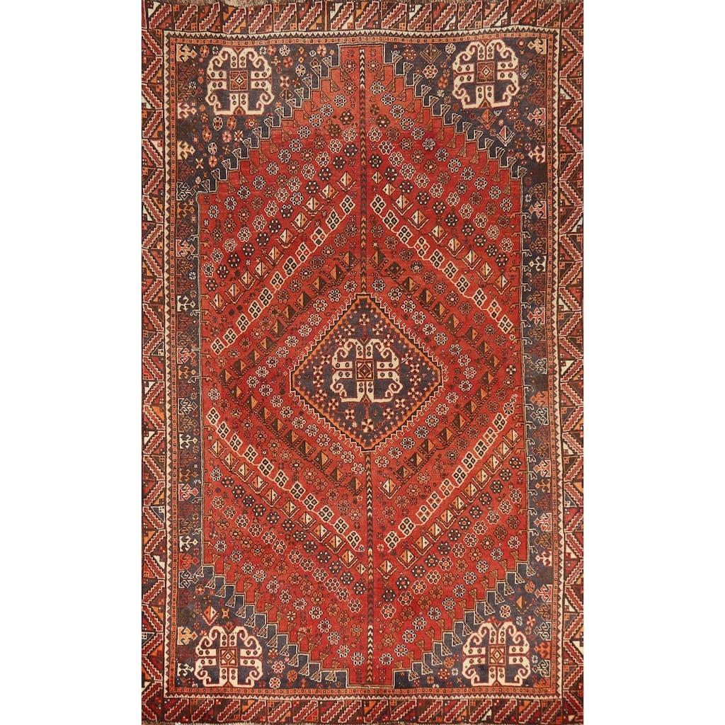 Hand Knotted Oriental 100% Wool Carpet Traditional Medallion Oranges & Rust Qashqai Area Rug - 8' 1'' X 5' 0''