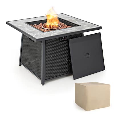 35'' Propane Gas Fire Pit Table Patio PE Wicker Rattan w/ Lava Rocks