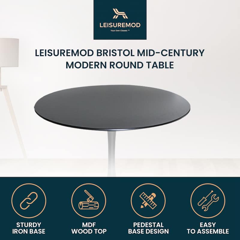 Bristol 35" Round Dining Table with Modern Glass, MDF or Sintered Stone - Sturdy Steel Pedestal Base for Kitchen, Dining, Cafe