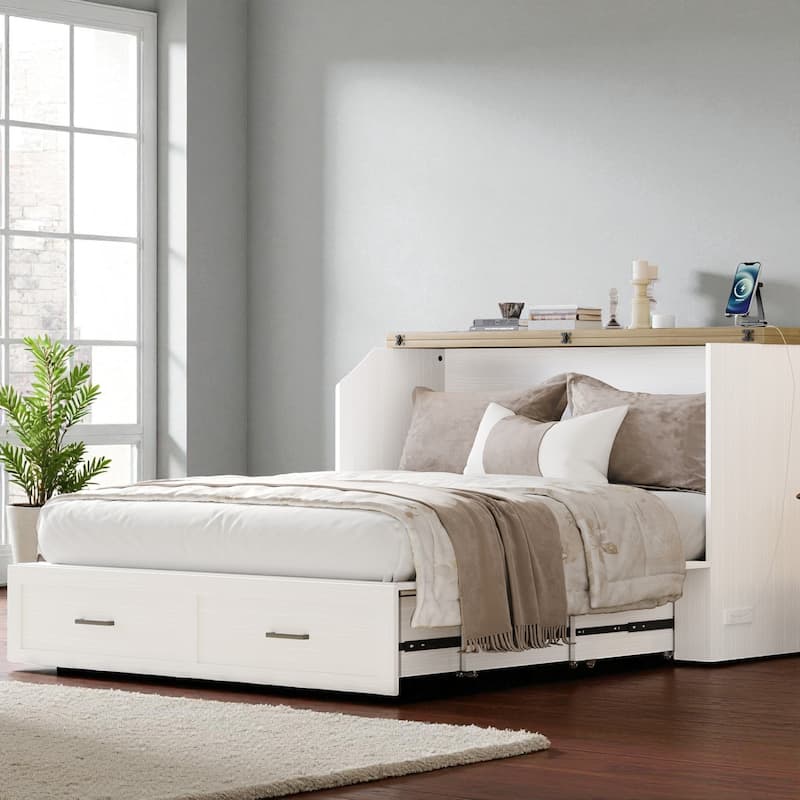 Queen Farmhouse Murphy Cabinet Bed with Charging Station and Large Storage Drawer, Foldable Space-Saving Platform Bed