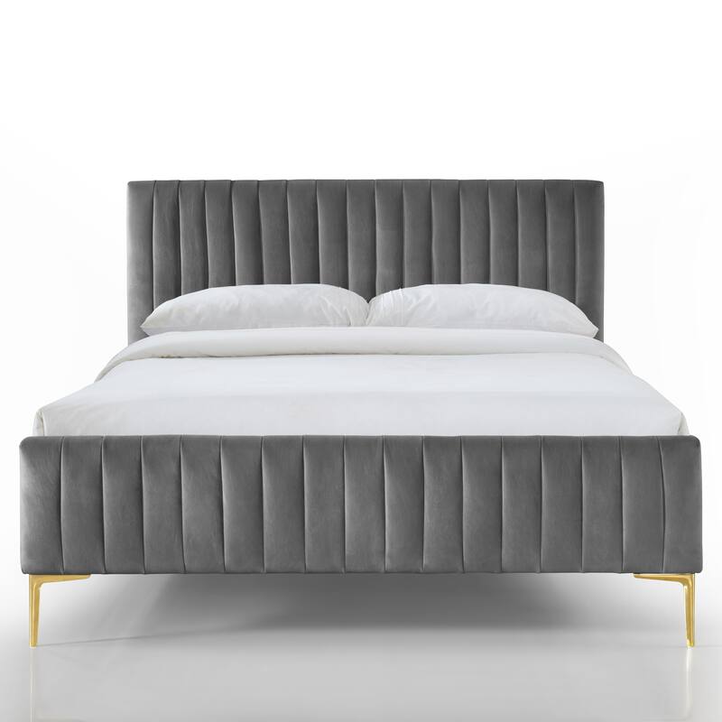 Omax Decor Julia Upholstered Platform Bed with Channel Tufted Headboard and Gold Legs