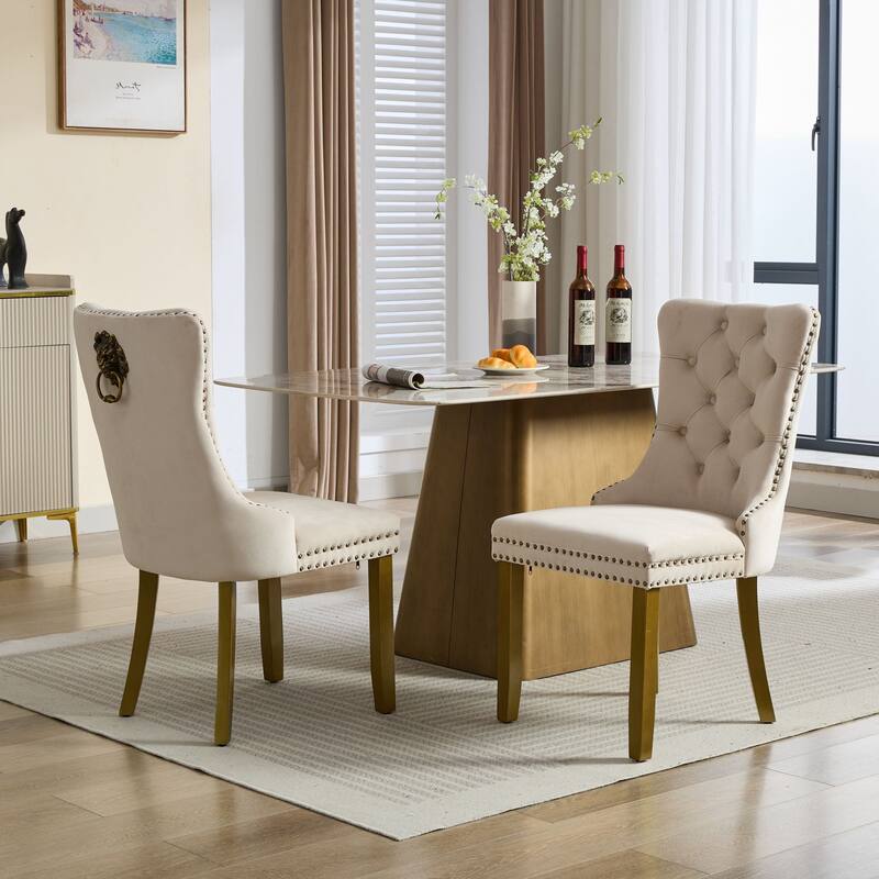Velvet Dining Chairs Set of 2, Tufted Dining Chairs with Nailhead Trim, Kitchen Chairs with Lion Head Pulls Ring & Wooden Legs
