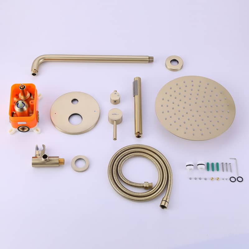 1-Spray Patterns Wall Mount Dual Shower Heads with Handheld Shower Head Set in Brushed Gold - 10 inch