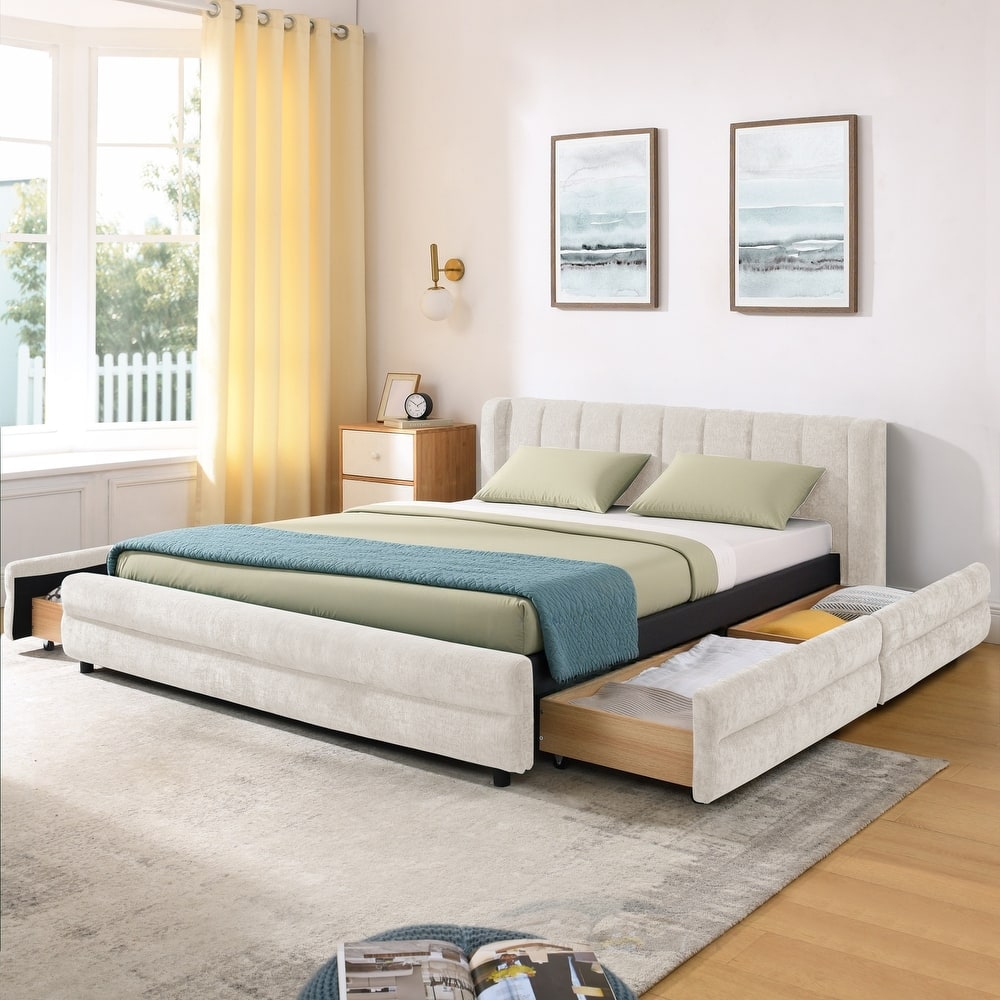 Queen Upholstered Bed Frame with Storage Drawer, Thick Padded Headboard & Solid Frame in Chenille Fabric