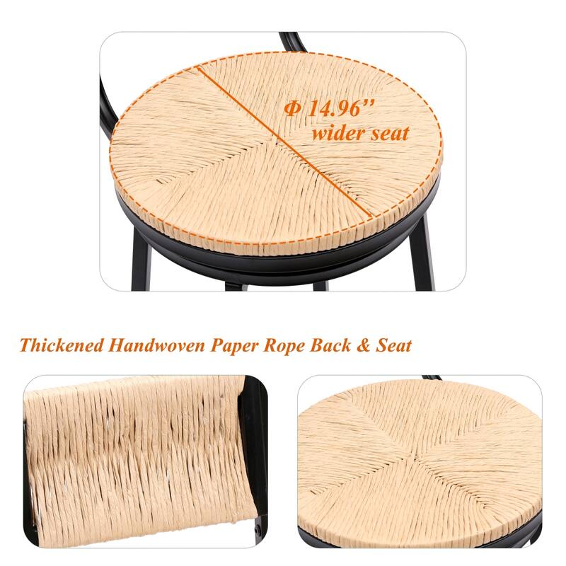 Swivel Counter Height Bar Stools Set of 2, Bar Height Stools, Paper Rope Woven Bar Stools, Farmhouse Island Chair w/ Metal Frame