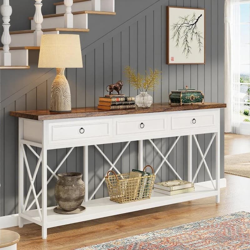 Farmhouse Console Table 71 Inch Wood Entryway Hallway Living Room Sofa Table with 3 Drawers and Bottom Shelf